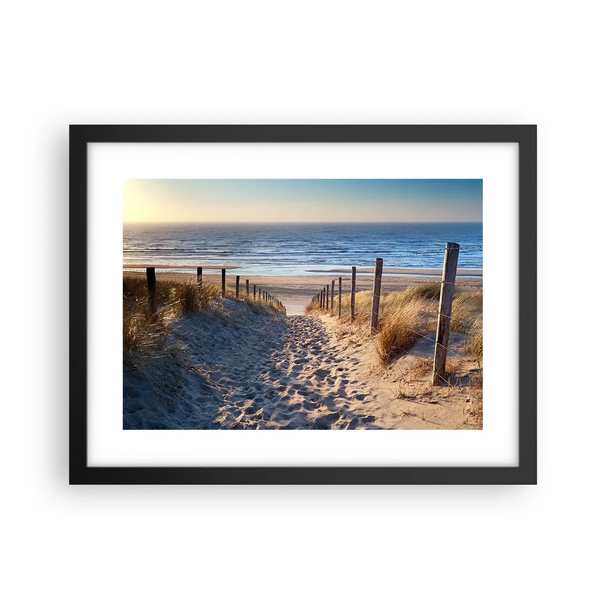Póster en marco negro - El sonido del mar, el canto de los pájaros, una playa virgen entre las dunas... - 40x30 cm