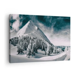 Cuadro sobre lienzo - Impresión de Imagen - Un pico de montaña cubierto de nieve rodeado de un bosque invernal. - 70x50cm - Tierra de nieve y hielo - Decoración de pared moderna para salón y dormitorio ARTTOR