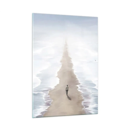 Cuadro sobre vidrio - Impresiones sobre Vidrio - Una figura caminando sola hacia el horizonte entre las olas. - 50x70cm - Un futuro brillante - Decoración de pared moderna para salón y dormitorio ARTTOR