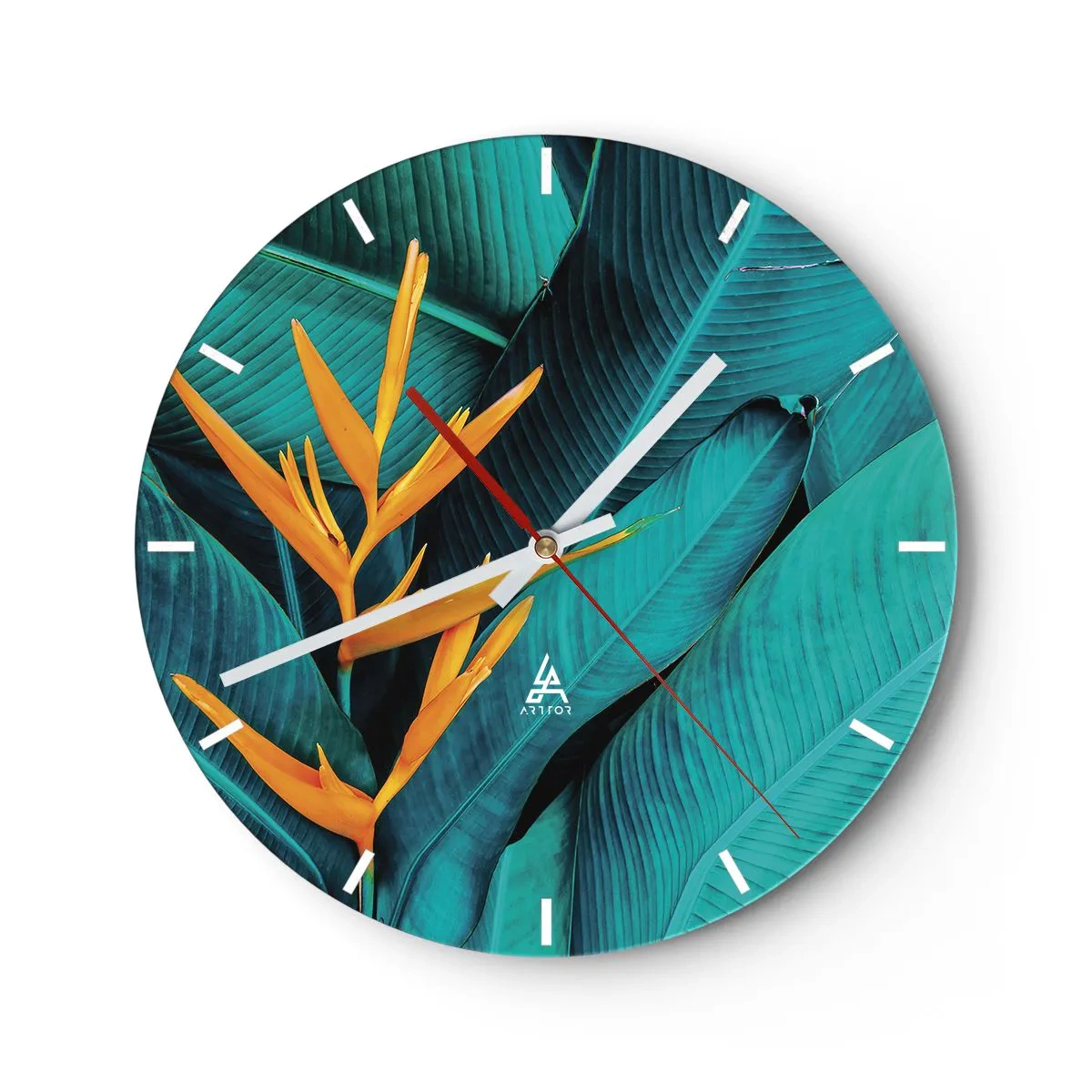 Reloj de pared - Reloj de vidrio - Una flor exótica sobre un fondo de hojas verdes. - 30x30cm - Flor del Edén - Decoración de pared moderna para salón, cocina y dormitorio ARTTOR