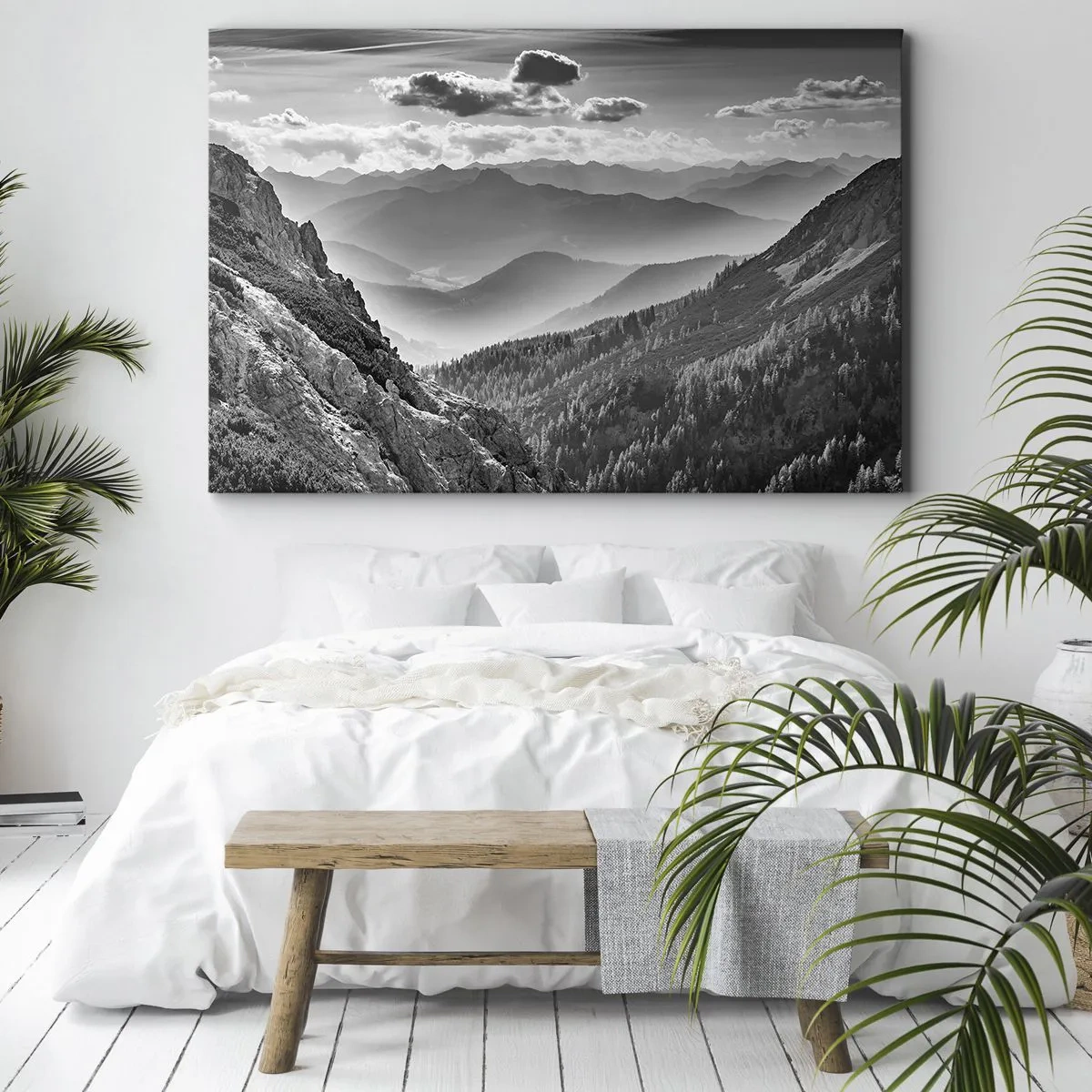 Cuadro sobre lienzo - Impresión de Imagen - Paisaje de montaña en blanco y negro con nubes sobre los picos. - 120x80cm - Hasta el horizonte - Decoración de pared moderna para salón y dormitorio ARTTOR