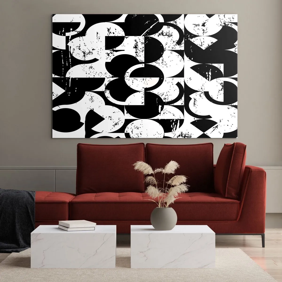 Cuadro sobre vidrio - Impresiones sobre Vidrio - Patrón geométrico en formas contrastantes en blanco y negro. - 120x80cm - El blanco es blanco y el negro es negro - Decoración de pared moderna para salón y dormitorio ARTTOR