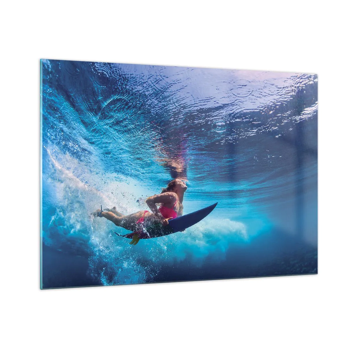 Cuadro sobre vidrio - Impresiones sobre Vidrio - Una escena submarina con un surfista en acción dinámica. - 100x70cm - La profundidad de la alegría - Decoración de pared moderna para salón y dormitorio ARTTOR