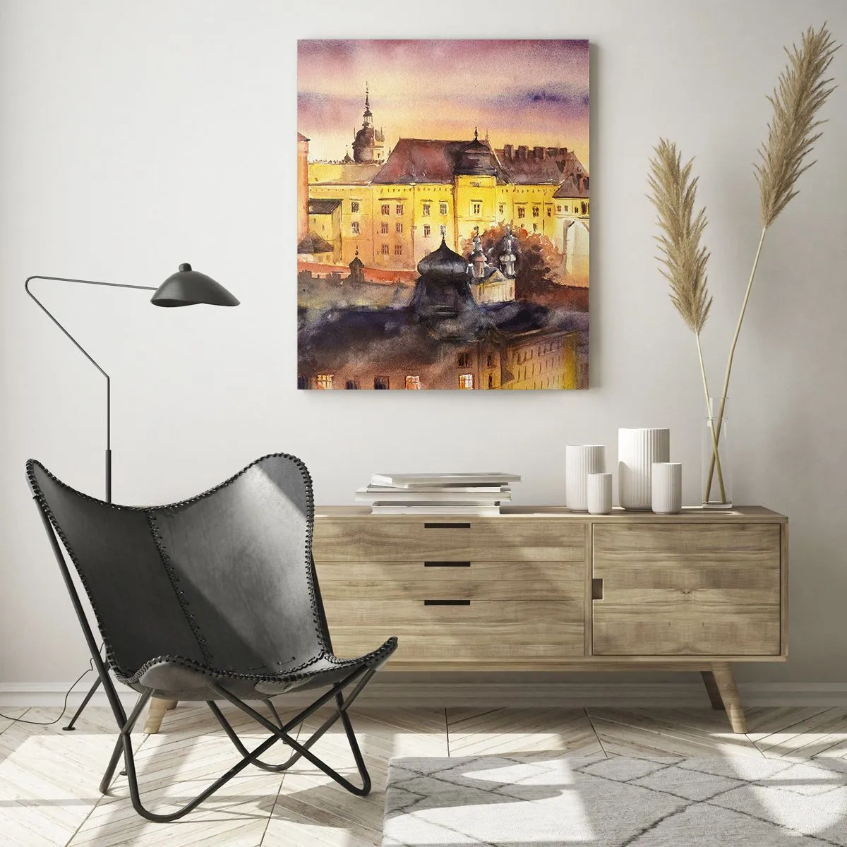 Cuadro sobre vidrio - Impresiones sobre Vidrio - Ilustración en acuarela de un castillo en una colina al atardecer - 50x70cm - Una historia y un cuento - Decoración de pared moderna para salón y dormitorio ARTTOR