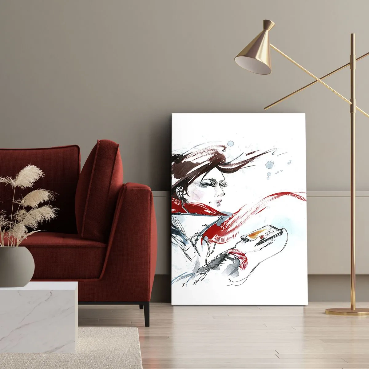 Cuadro sobre lienzo - Impresión de Imagen - Una mujer con un pañuelo rojo con pinceladas dinámicas de acuarela. - 50x70cm - Algo suena dentro de mí - Decoración de pared moderna para salón y dormitorio ARTTOR