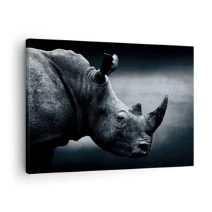 Cuadro sobre lienzo - Impresión de Imagen - Retrato en blanco y negro de un rinoceronte sobre un fondo oscuro. - 70x50cm - Perfil derecho - Decoración de pared moderna para salón y dormitorio ARTTOR
