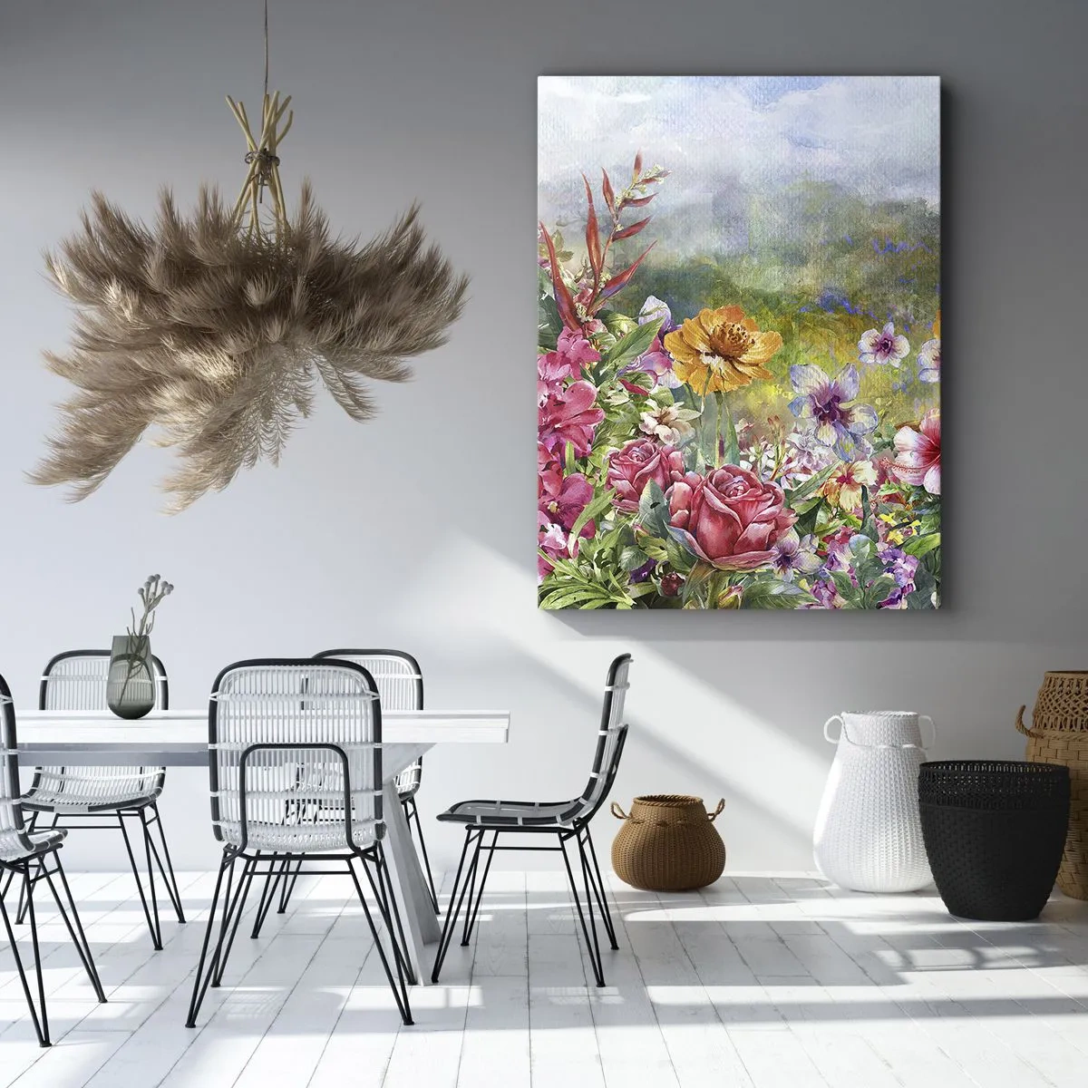 Cuadro sobre lienzo - Impresión de Imagen - Una colorida composición de flores sobre un fondo de paisaje de color pastel. - 80x120cm - Un jardín enloquecido - Decoración de pared moderna para salón y dormitorio ARTTOR