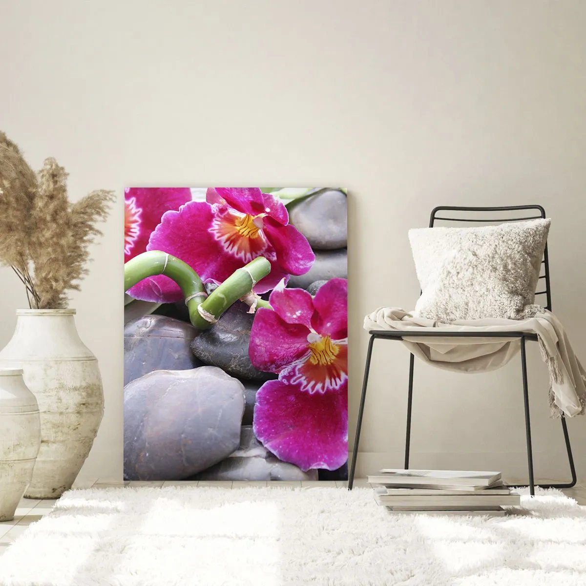 Cuadro sobre vidrio - Impresiones sobre Vidrio - Orquídeas rosas con bambú sobre piedras. - 50x70cm - Frío y calor - Decoración de pared moderna para salón y dormitorio ARTTOR