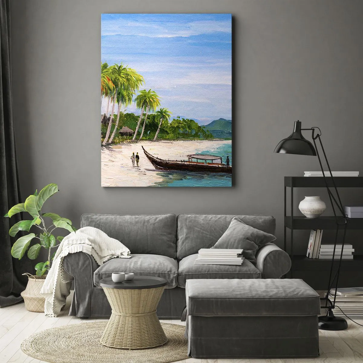 Cuadro sobre lienzo - Impresión de Imagen - Una playa exótica con palmeras y un barco en la orilla. - 50x70cm - Un sueño exótico - Decoración de pared moderna para salón y dormitorio ARTTOR