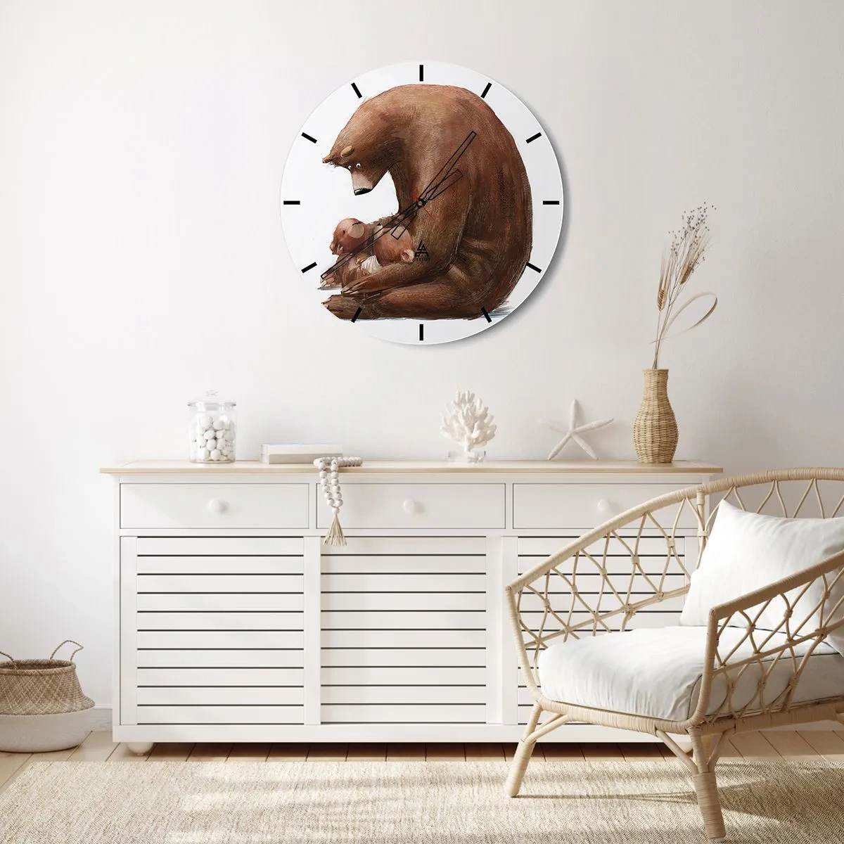 Reloj de pared - Reloj de vidrio - Un oso de peluche abrazando a dos ositos sobre un fondo blanco. - 30x30cm - Dulces sueños, niños - Decoración de pared moderna para salón, cocina y dormitorio ARTTOR