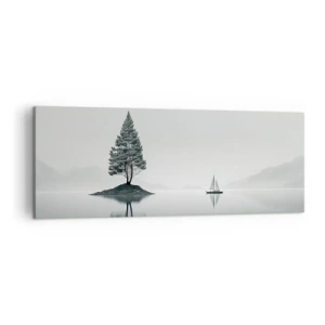 Cuadro sobre lienzo - Impresión de Imagen - Un paisaje minimalista con un árbol en una isla y un velero. - 140x50cm - Un sueño hecho realidad - Decoración de pared moderna para salón y dormitorio ARTTOR