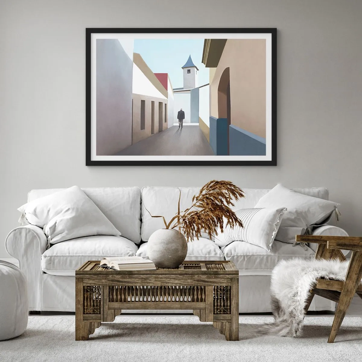 Póster en marco negro - Una calle minimalista con la silueta de un hombre al fondo. - 100x70cm - Paseo soleado - Decoración de pared moderna para salón y dormitorio ARTTOR
