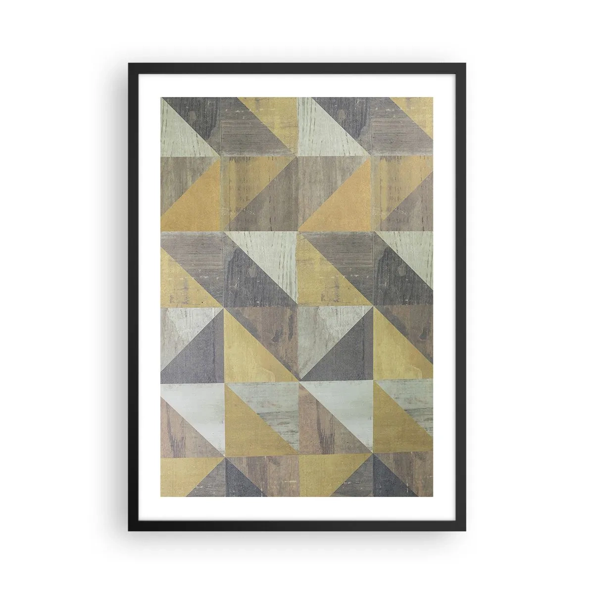 Póster en marco negro - Patrón geométrico en tonos dorados y grises. - 50x70cm - El arte de los triángulos - Decoración de pared moderna para salón y dormitorio ARTTOR