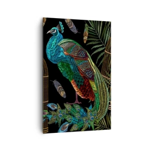 Cuadro sobre lienzo - Impresión de Imagen - Pavos reales junto a una jaula dorada sobre un fondo negro - 80x120cm - Con plumajes reales - Decoración de pared moderna para salón y dormitorio ARTTOR