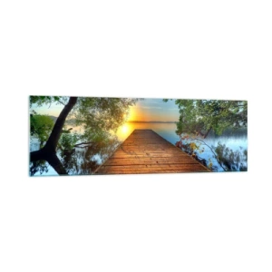 Cuadro sobre vidrio - Impresiones sobre Vidrio - Un muelle de madera rodeado de vegetación durante la puesta de sol. - 160x50cm - Tómate tu tiempo, siéntate - Decoración de pared moderna para salón y dormitorio ARTTOR