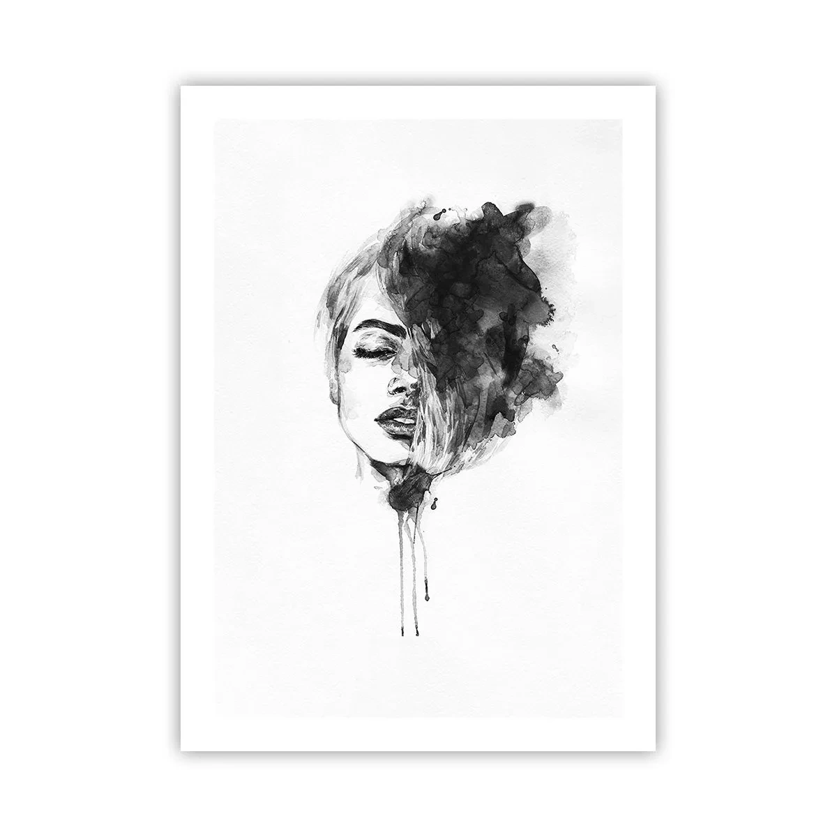 Póster - Retrato de una mujer en acuarela en blanco y negro - 50x70cm - Sueños en femenino - Decoración de pared moderna para salón y dormitorio ARTTOR