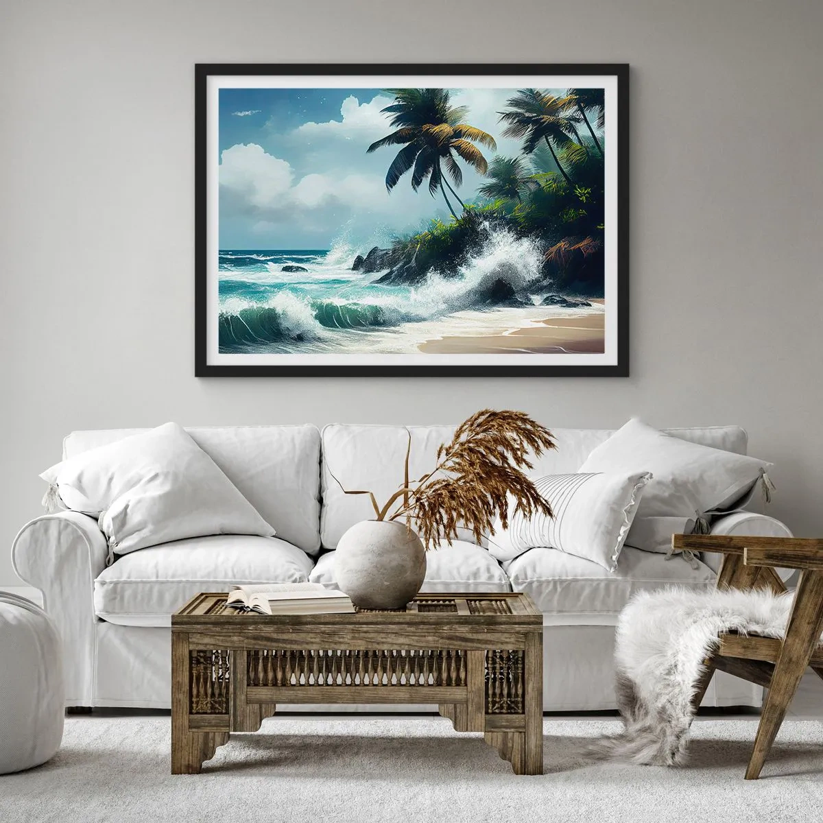 Póster en marco negro - Costa tropical con palmeras y mar agitado. - 70x50cm - En una costa tropical - Decoración de pared moderna para salón y dormitorio ARTTOR