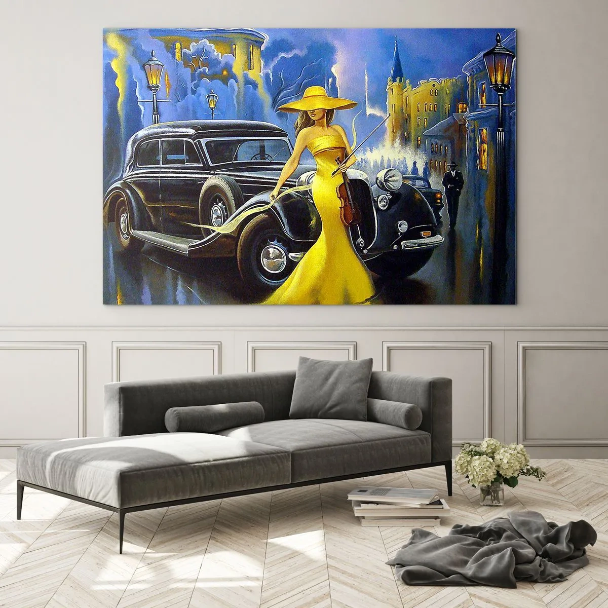 Cuadro sobre vidrio - Impresiones sobre Vidrio - Una mujer con un vestido amarillo junto a un coche clásico. - 120x80cm - Noche de violín y pasión - Decoración de pared moderna para salón y dormitorio ARTTOR