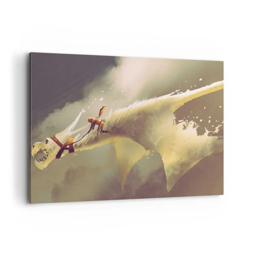 Cuadro sobre lienzo - Impresión de Imagen - Ilustración de un jinete de dragón en un paisaje de nubes de fantasía - 100x70cm - Al rescate - Decoración de pared moderna para salón y dormitorio ARTTOR