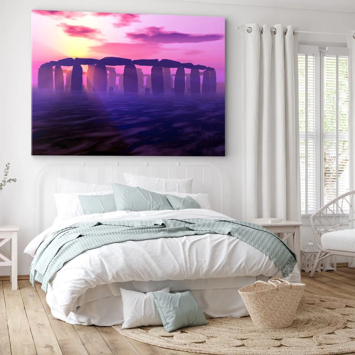 Cuadro sobre lienzo - Impresión de Imagen - Círculo de piedras al atardecer con un cielo violeta - 120x80cm - Misterio al amanecer en la niebla - Decoración de pared moderna para salón y dormitorio ARTTOR