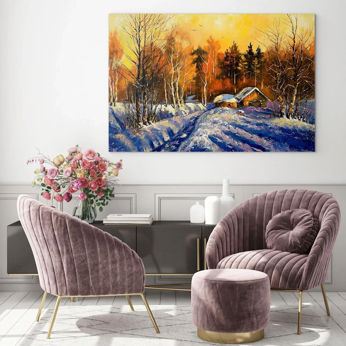 Cuadro sobre vidrio - Impresiones sobre Vidrio - Paisaje invernal con una cabaña de madera al atardecer - 70x50cm - Una impresión invernal al sol - Decoración de pared moderna para salón y dormitorio ARTTOR