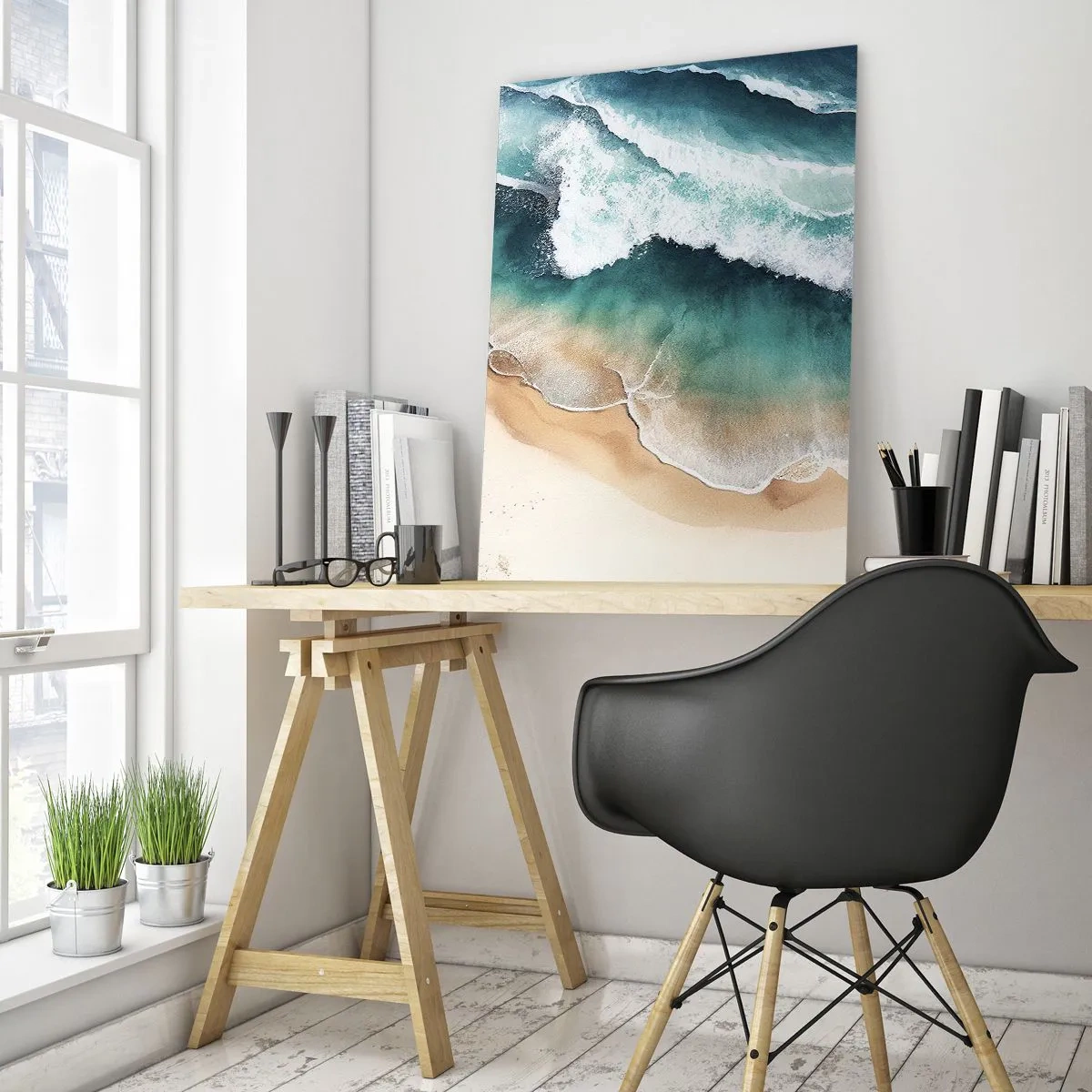 Cuadro sobre vidrio - Impresiones sobre Vidrio - Olas del océano rompiendo en una playa de arena dorada - 50x70cm - Un encuentro eterno - Decoración de pared moderna para salón y dormitorio ARTTOR