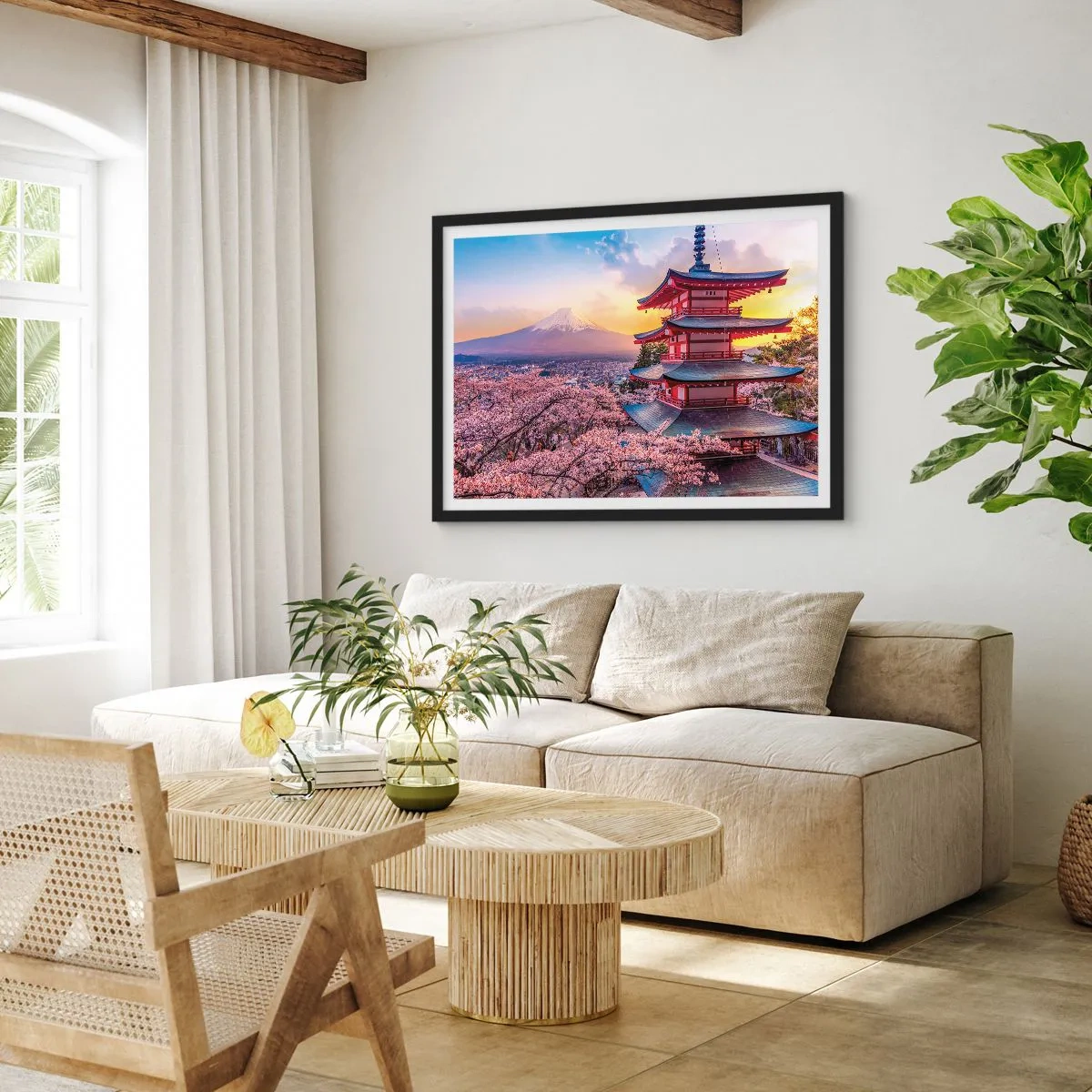 Póster en marco negro - Una pagoda en Japón con flores de cerezo y el monte Fuji. - 70x50cm - La esencia del espíritu japonés - Decoración de pared moderna para salón y dormitorio ARTTOR