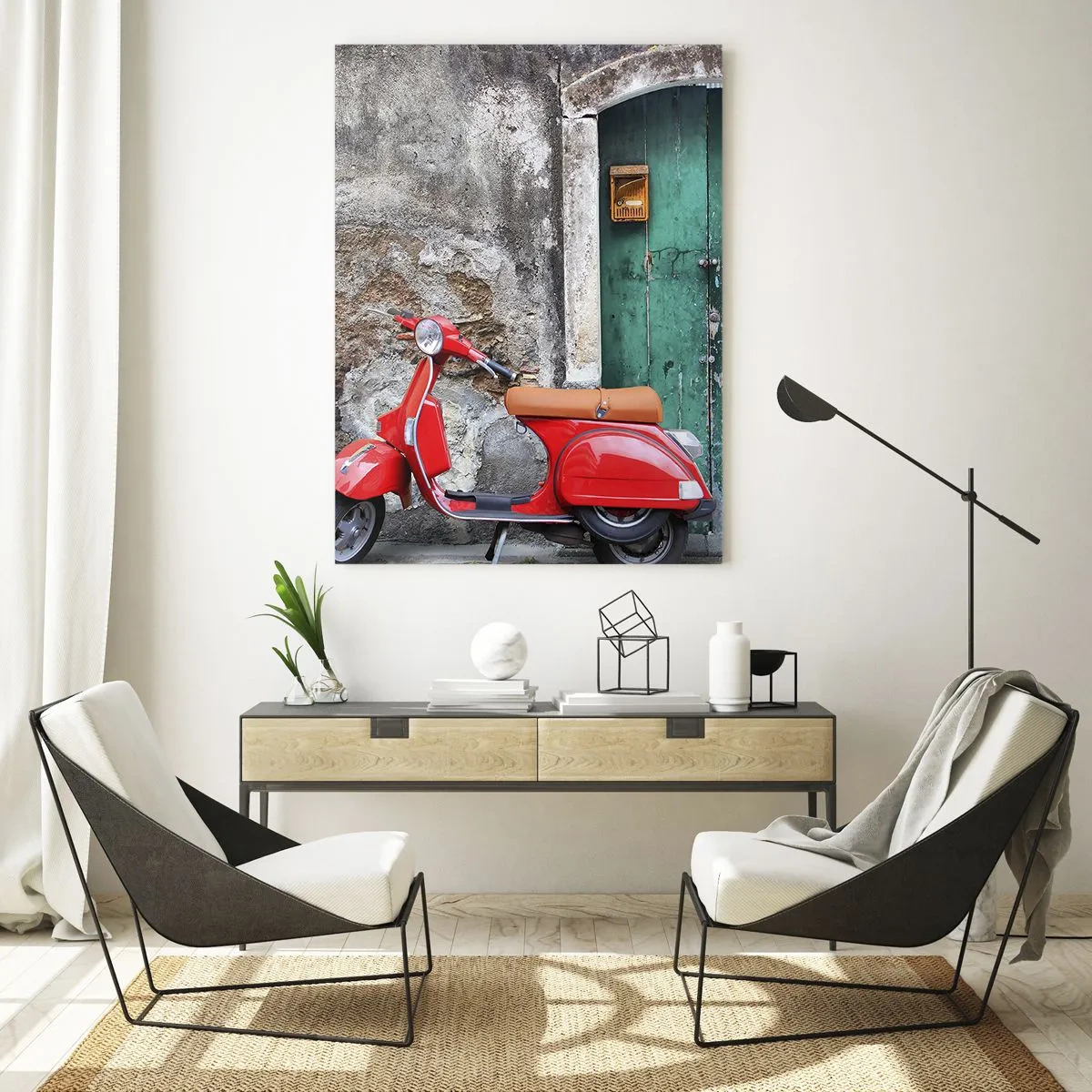 Cuadro sobre vidrio - Impresiones sobre Vidrio - Scooter rojo contra una puerta verde - 50x70cm - Vacaciones en Italia - Decoración de pared moderna para salón y dormitorio ARTTOR