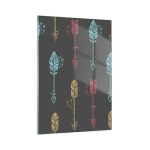 Cuadro sobre vidrio - Impresiones sobre Vidrio - Flechas de colores sobre un fondo oscuro en un diseño gráfico - 50x70cm - Flechas - Decoración de pared moderna para salón y dormitorio ARTTOR