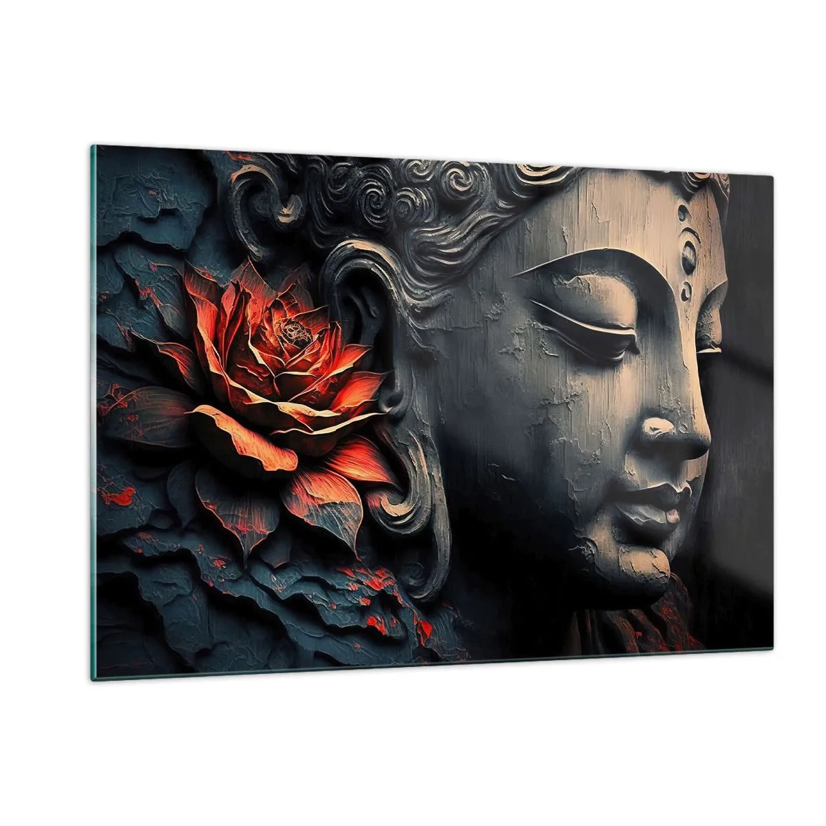 Cuadro sobre vidrio - Impresiones sobre Vidrio - Perfil de una figura meditando con una flor roja sobre un fondo oscuro. - 120x80cm - En sintonía con el mundo - Decoración de pared moderna para salón y dormitorio ARTTOR