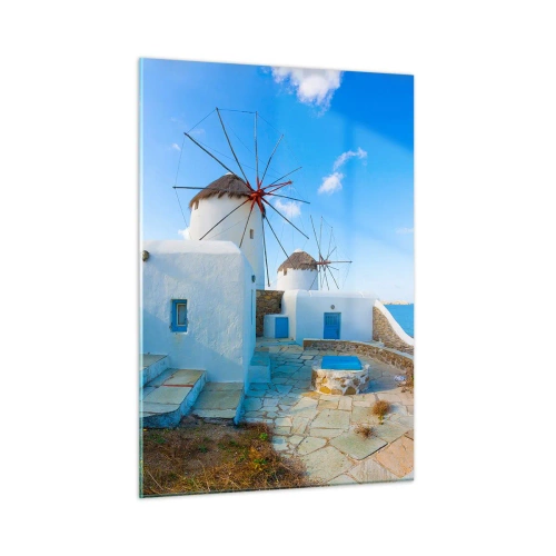 Cuadro sobre vidrio - Impresiones sobre Vidrio - Molinos de viento en la costa del Egeo - 50x70cm - Viento azul marino - Decoración de pared moderna para salón y dormitorio ARTTOR