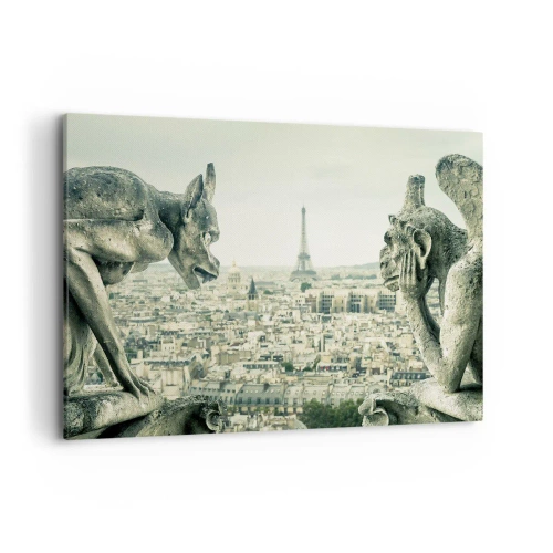 Cuadro sobre lienzo - Impresión de Imagen - Gárgolas con vistas al horizonte de París y a la Torre Eiffel - 100x70cm - Charlas parisinas - Decoración de pared moderna para salón y dormitorio ARTTOR