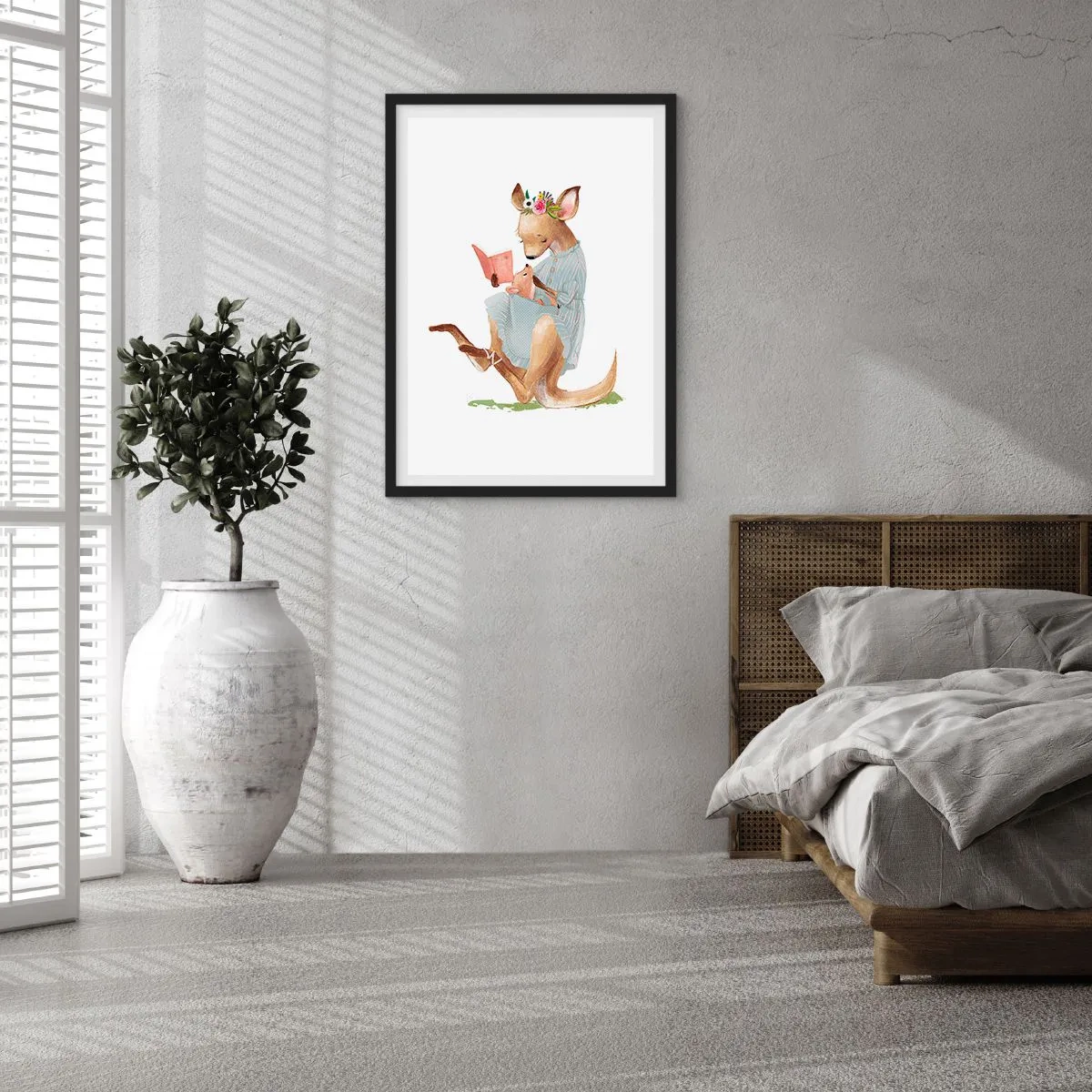 Póster en marco negro - Un canguro leyendo un libro con un niño en un estilo artístico. - 50x70cm - Léeme un cuento, mamá - Decoración de pared moderna para salón y dormitorio ARTTOR