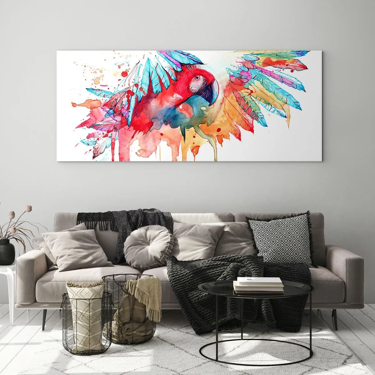 Cuadro sobre vidrio - Impresiones sobre Vidrio - Un loro en estilo artístico de acuarela. - 160x50cm - Loros coloridos - Decoración de pared moderna para salón y dormitorio ARTTOR