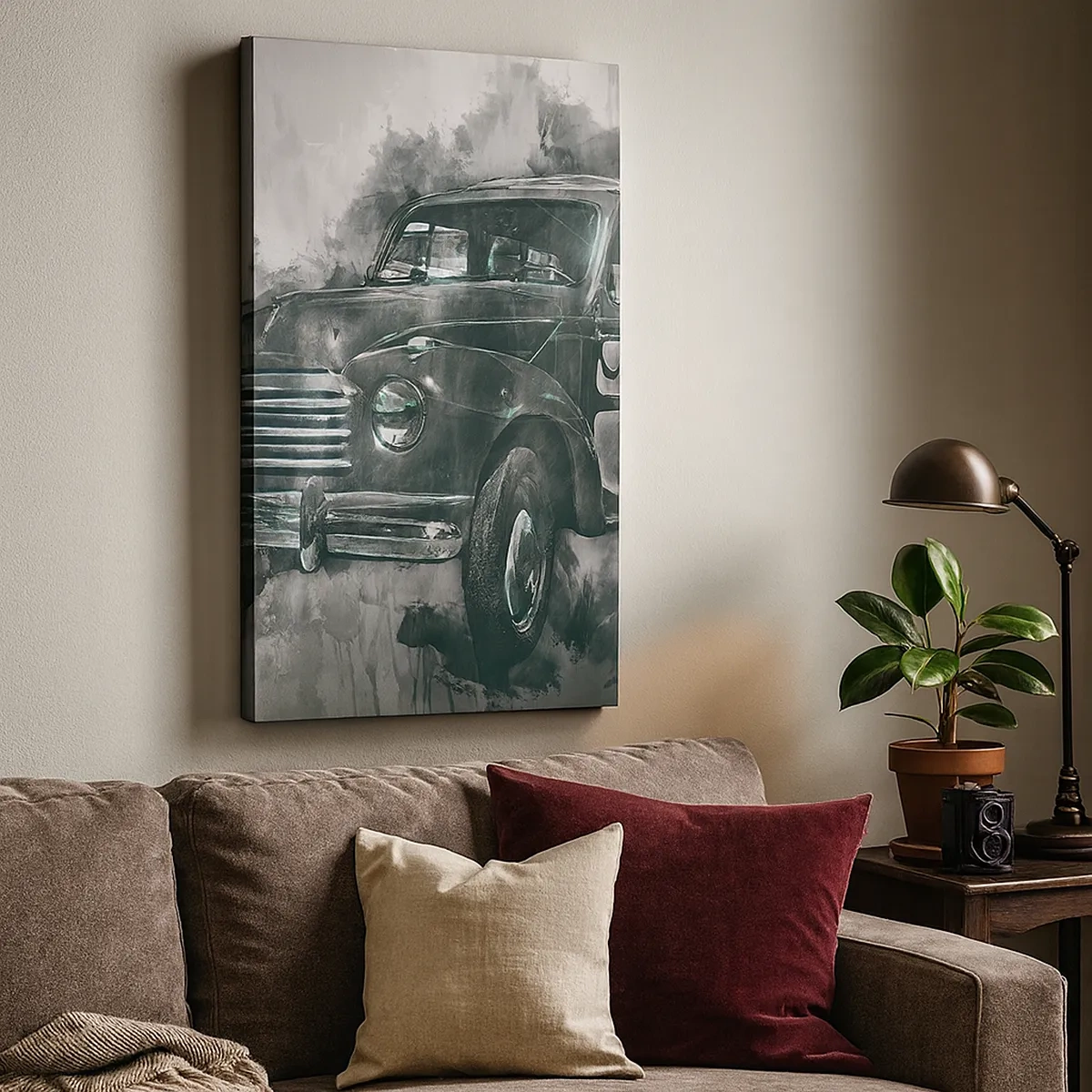 Cuadro sobre lienzo - Impresión de Imagen - Un coche retro clásico con un fondo artístico. - 50x70cm - Antepasado respetable - Decoración de pared moderna para salón y dormitorio ARTTOR