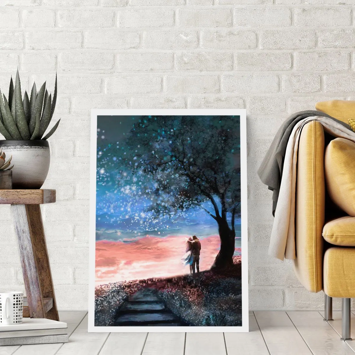 Póster - Una pareja bajo un árbol a la luz de las estrellas y un paisaje pintoresco. - 50x70cm - Un espectáculo estelar - Decoración de pared moderna para salón y dormitorio ARTTOR