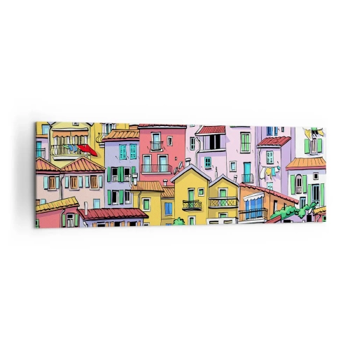 Cuadro sobre lienzo - Impresión de Imagen - Casas de vecindad coloridas en un estilo animado y alegre - 160x50cm - Ciudad alegre - Decoración de pared moderna para salón y dormitorio ARTTOR