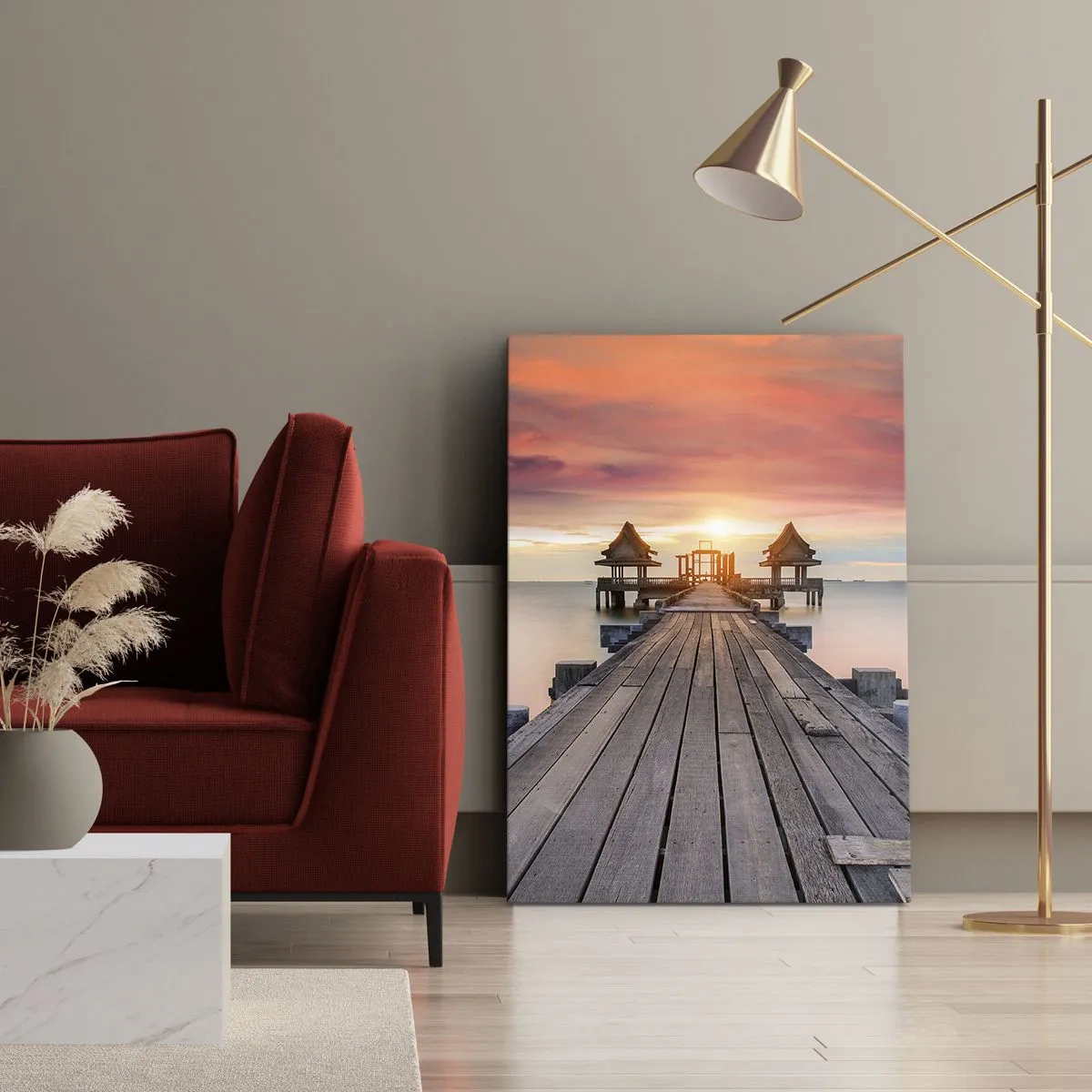 Cuadro sobre lienzo - Impresión de Imagen - Muelle de madera que conduce a los miradores al atardecer - 50x70cm - De este a oeste - Decoración de pared moderna para salón y dormitorio ARTTOR