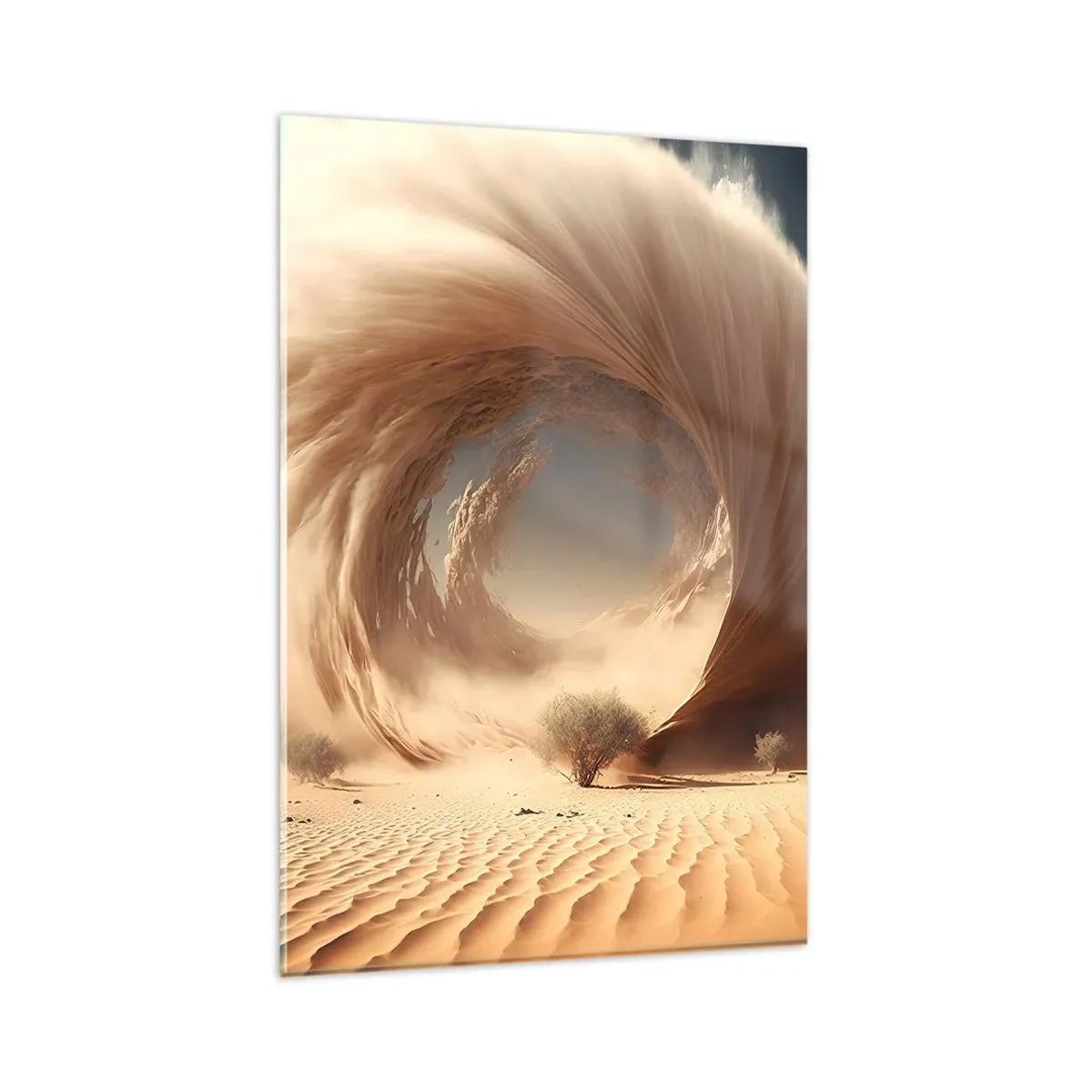 Cuadro sobre vidrio - Impresiones sobre Vidrio - Remolino de arena dinámico en un desierto con árboles - 80x120cm - Portal abierto - Decoración de pared moderna para salón y dormitorio ARTTOR