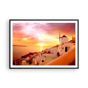Póster en marco negro - Santorini al atardecer con un molino de viento - 100x70cm - Blanco y dorado - Decoración de pared moderna para salón y dormitorio ARTTOR