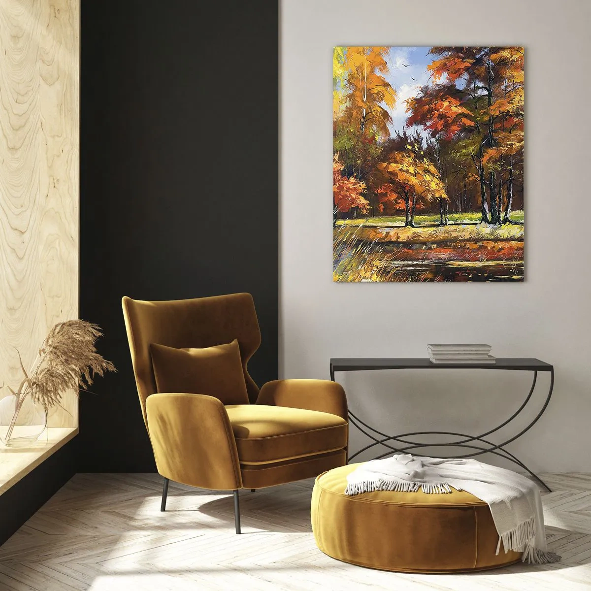 Cuadro sobre vidrio - Impresiones sobre Vidrio - Paisaje otoñal con árboles y reflejo en el agua. - 50x70cm - Paisaje en dorado y marrón - Decoración de pared moderna para salón y dormitorio ARTTOR