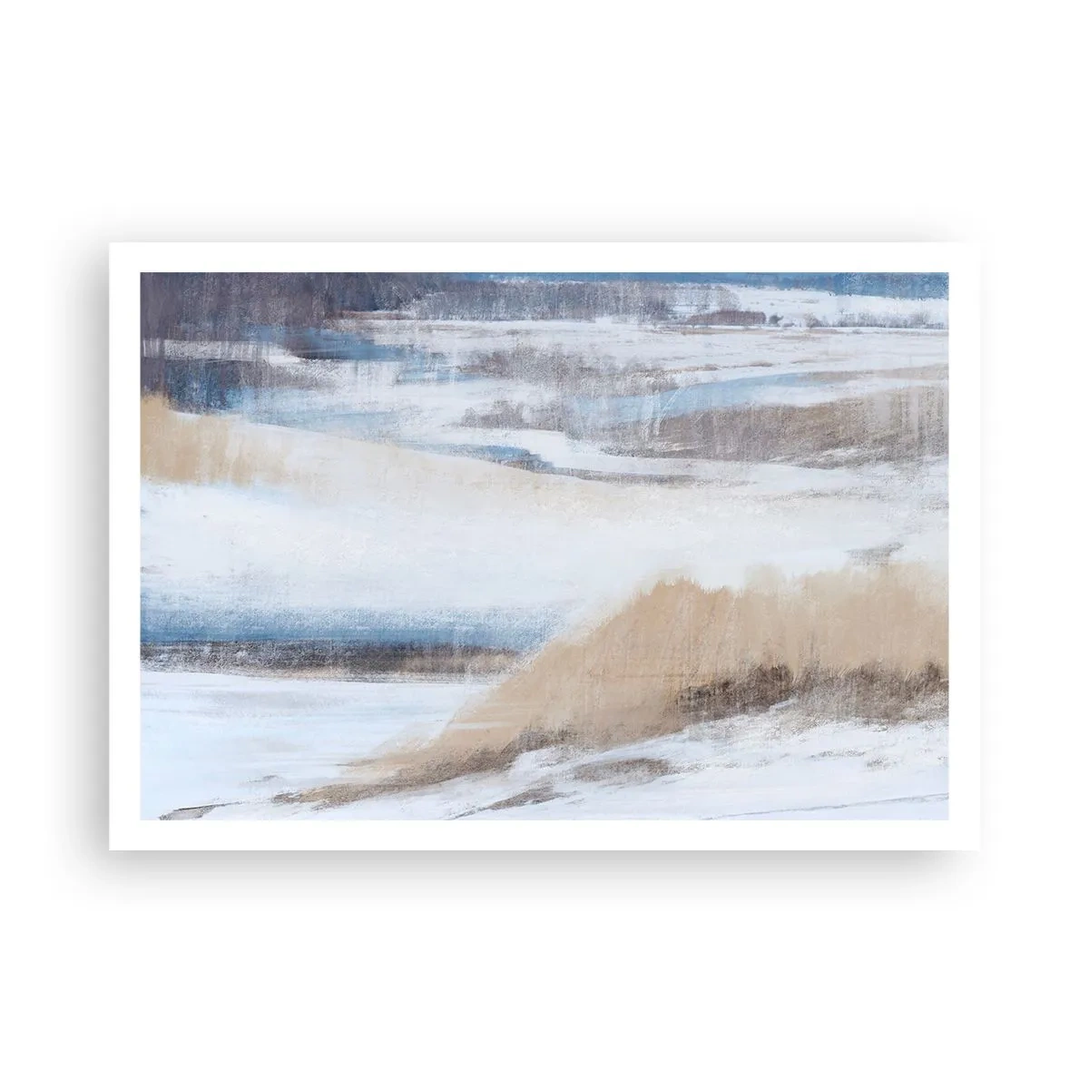 Póster - Paisaje invernal abstracto en tonos blancos y azules. - 100x70cm - Composición invernal - Decoración de pared moderna para salón y dormitorio ARTTOR