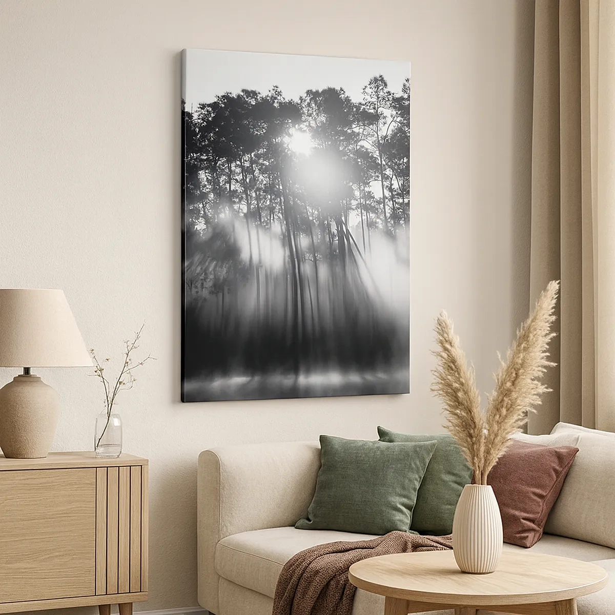 Cuadro sobre lienzo - Impresión de Imagen - Bosque blanco y negro en la niebla de la mañana. - 50x70cm - Sol imparable - Decoración de pared moderna para salón y dormitorio ARTTOR