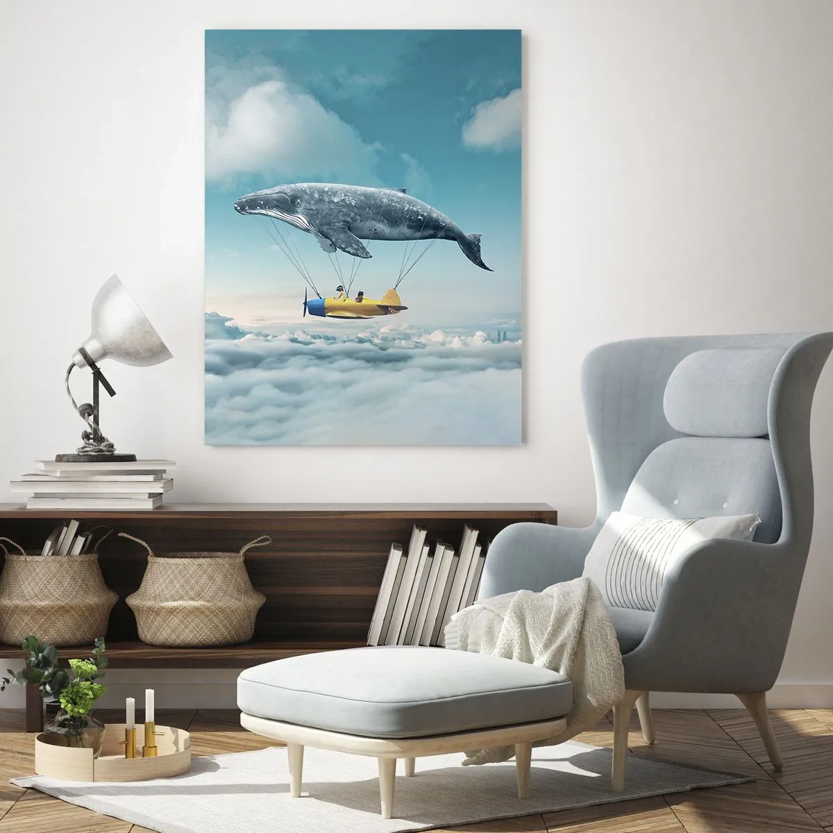 Cuadro sobre vidrio - Impresiones sobre Vidrio - Una ballena voladora transporta un avión en un entorno surrealista. - 70x100cm - ¿Por qué no? - Decoración de pared moderna para salón y dormitorio ARTTOR