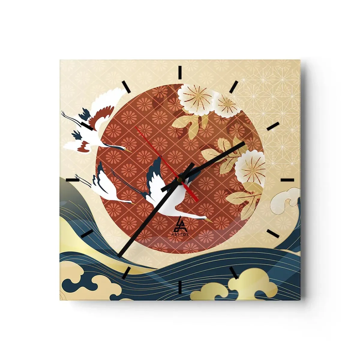 Reloj de pared - Reloj de vidrio - Composición japonesa con grullas y olas. - 30x30cm - Un cuento de hadas japonés - Decoración de pared moderna para salón y dormitorio ARTTOR