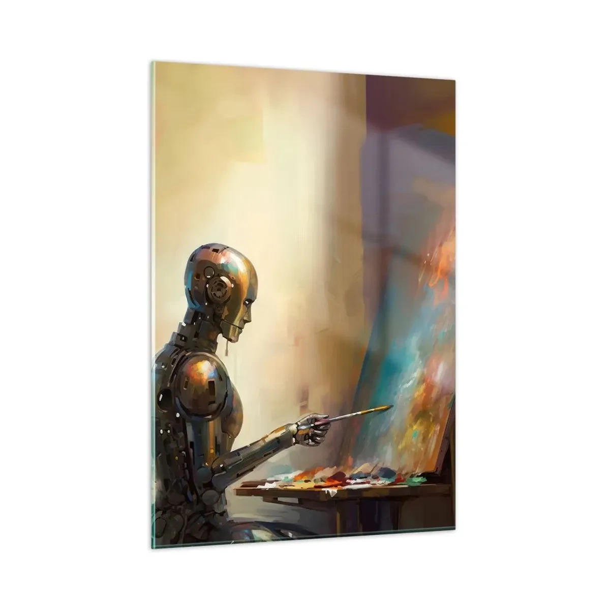 Cuadro sobre vidrio - Impresiones sobre Vidrio - Un robot pintando un cuadro en un caballete. - 50x70cm - Arte del futuro - Decoración de pared moderna para salón y dormitorio ARTTOR