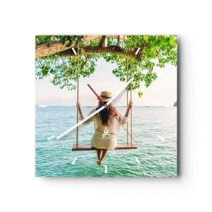 Reloj de pared - Reloj de vidrio - Mujer en un columpio junto al mar en un paisaje tropical - 30x30cm - La vida es bella - Decoración de pared moderna para salón y dormitorio ARTTOR