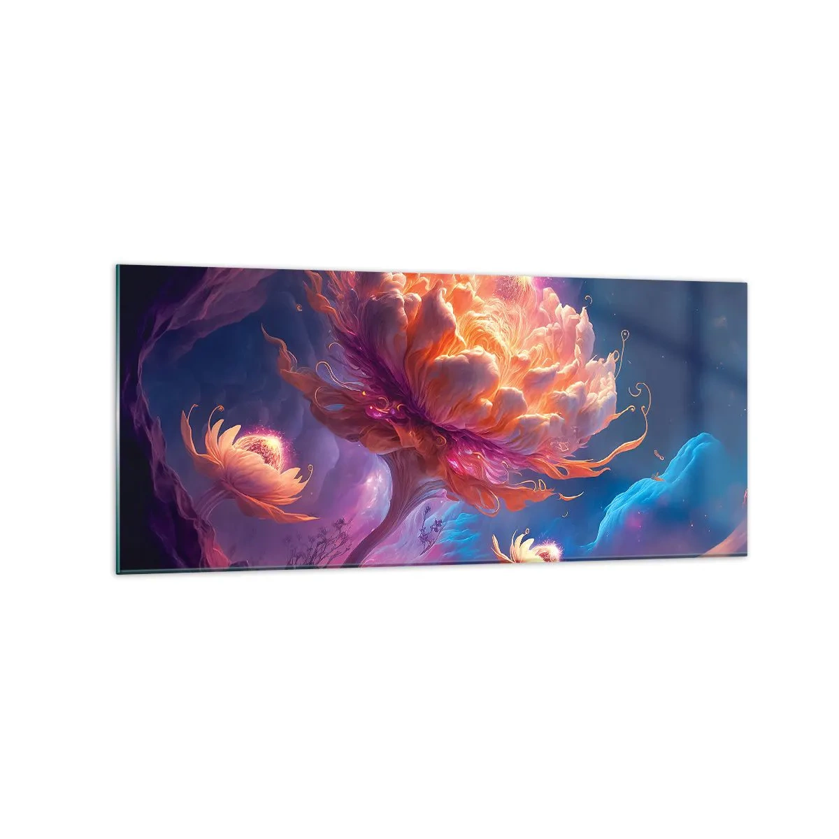 Cuadro sobre vidrio - Impresiones sobre Vidrio - Flores de fantasía en un paisaje cósmico. - 120x50cm - Otro mundo - Decoración de pared moderna para salón y dormitorio ARTTOR