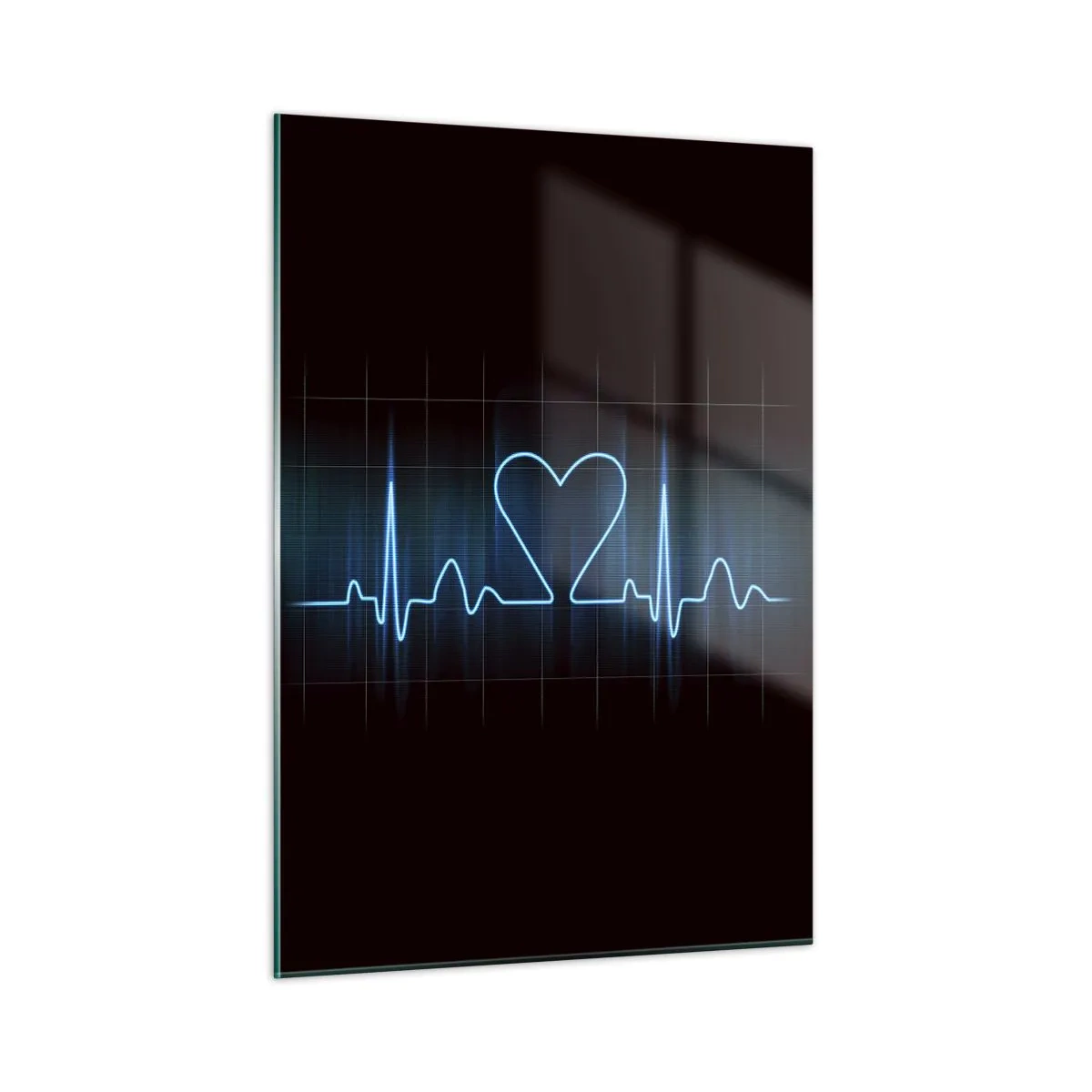 Cuadro sobre vidrio - Impresiones sobre Vidrio - Línea de vida con un corazón sobre un fondo oscuro en luz azul - 50x70cm - El ritmo del corazón - Decoración de pared moderna para salón y dormitorio ARTTOR