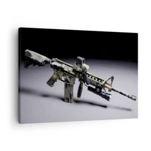 Cuadro sobre lienzo - Impresión de Imagen - Arma moderna en color camuflaje sobre fondo oscuro. - 70x50cm - Siempre amenazante - Decoración de pared moderna para salón y dormitorio ARTTOR